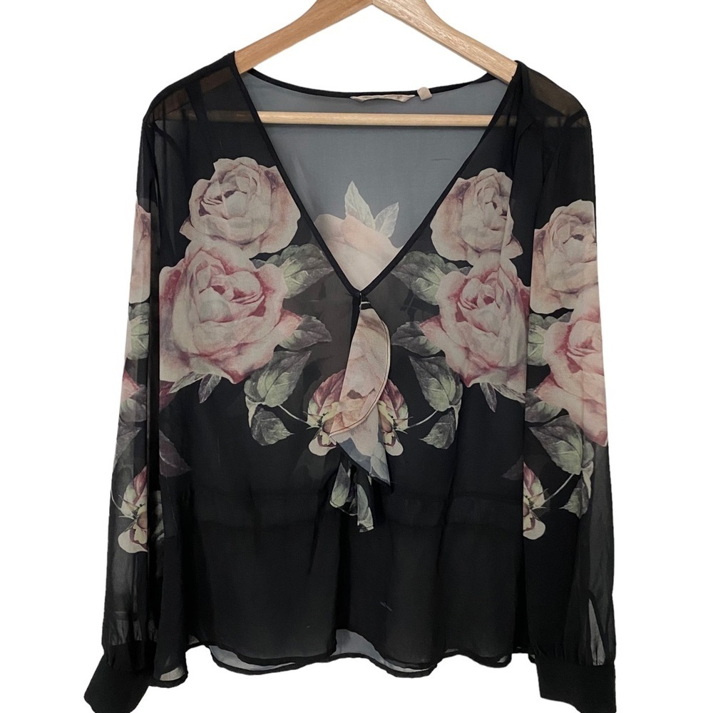 Soft Surroundings Black Sheer Floral Ruffle Blouse